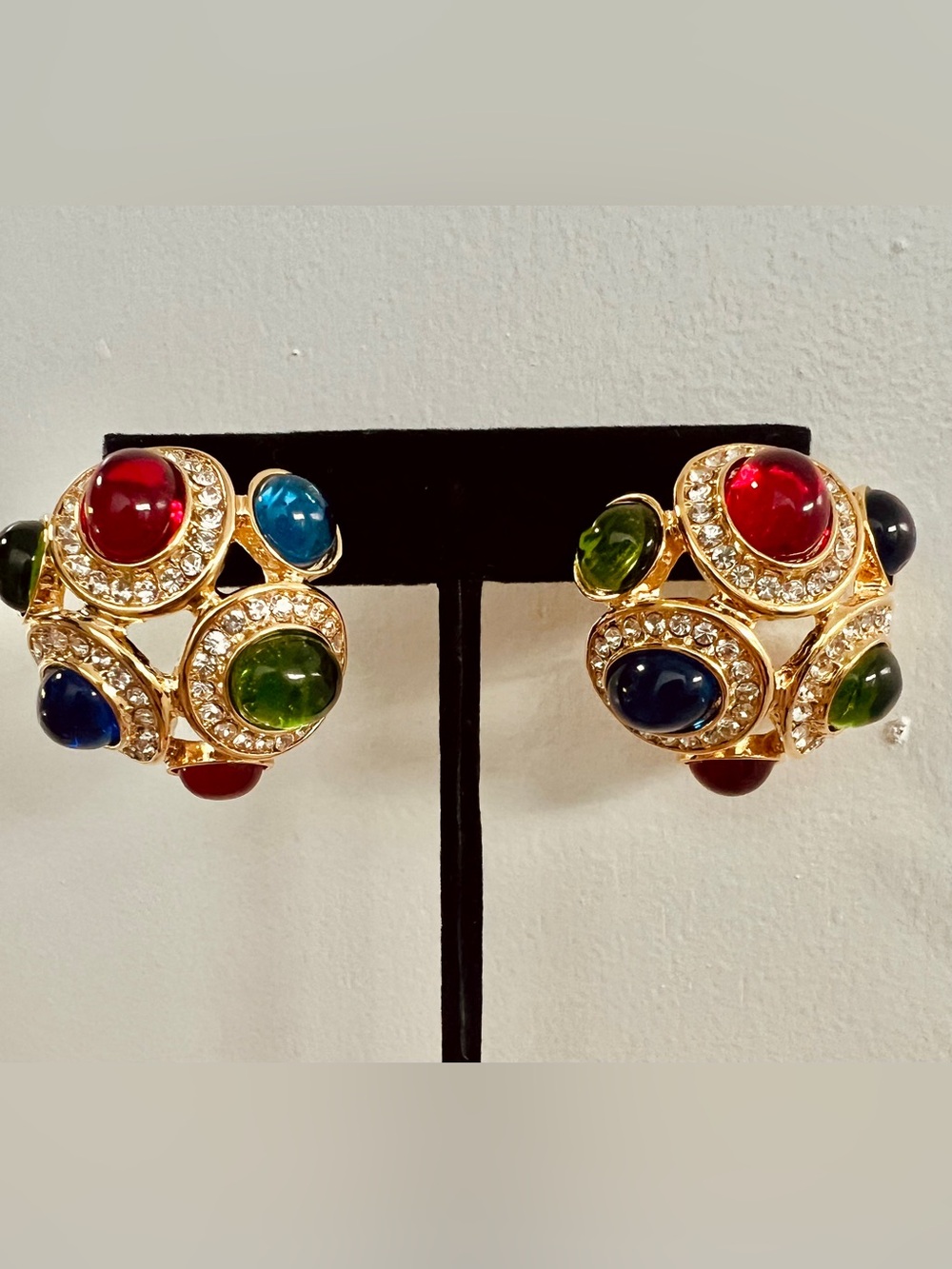 Estate Multi-Color Cabochon and Crystal Gold-Tone Pierced Earrings